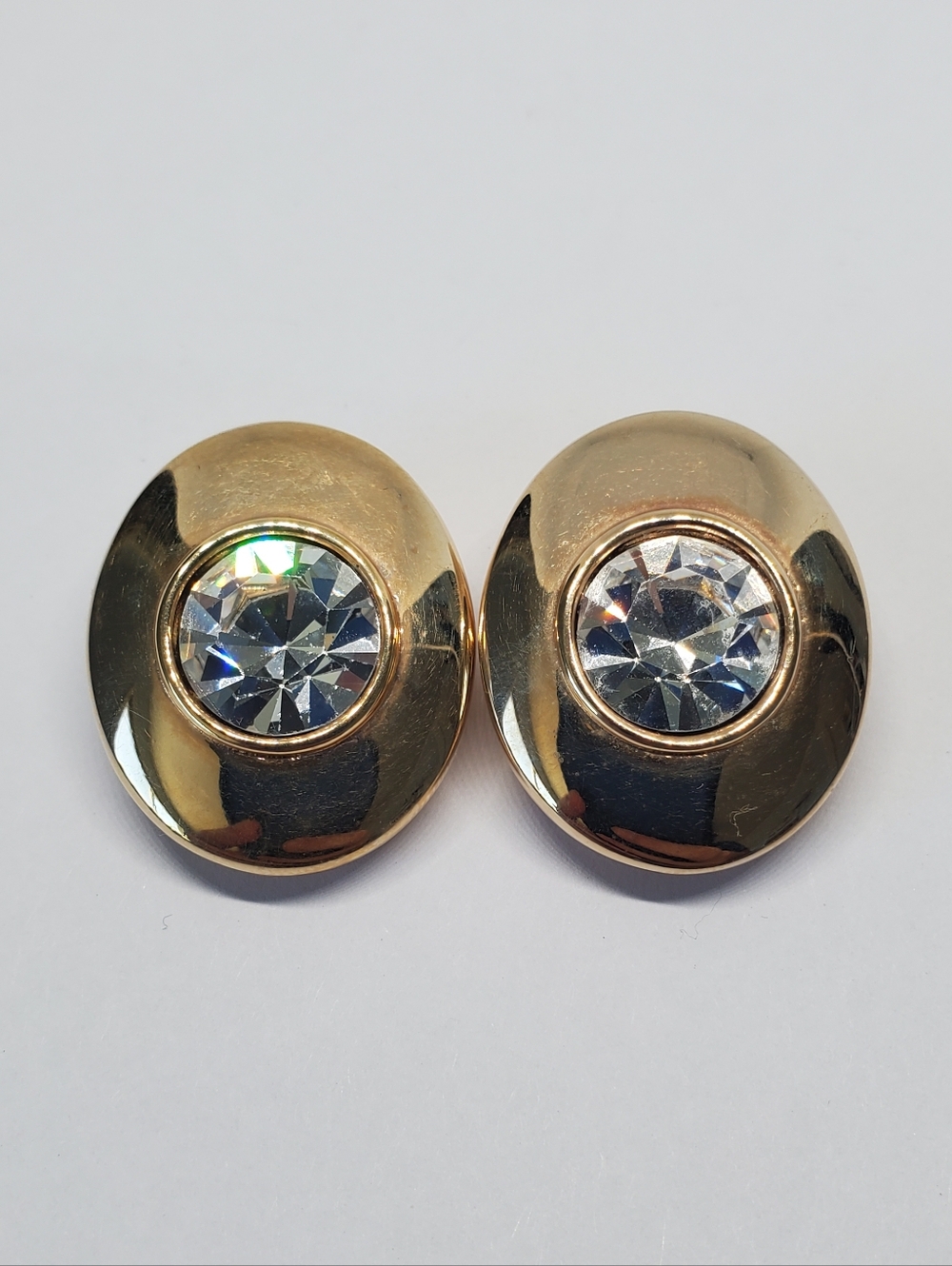 Vintage Swarovski Gold Plated Oval Clear Crystal Clip On Earrings